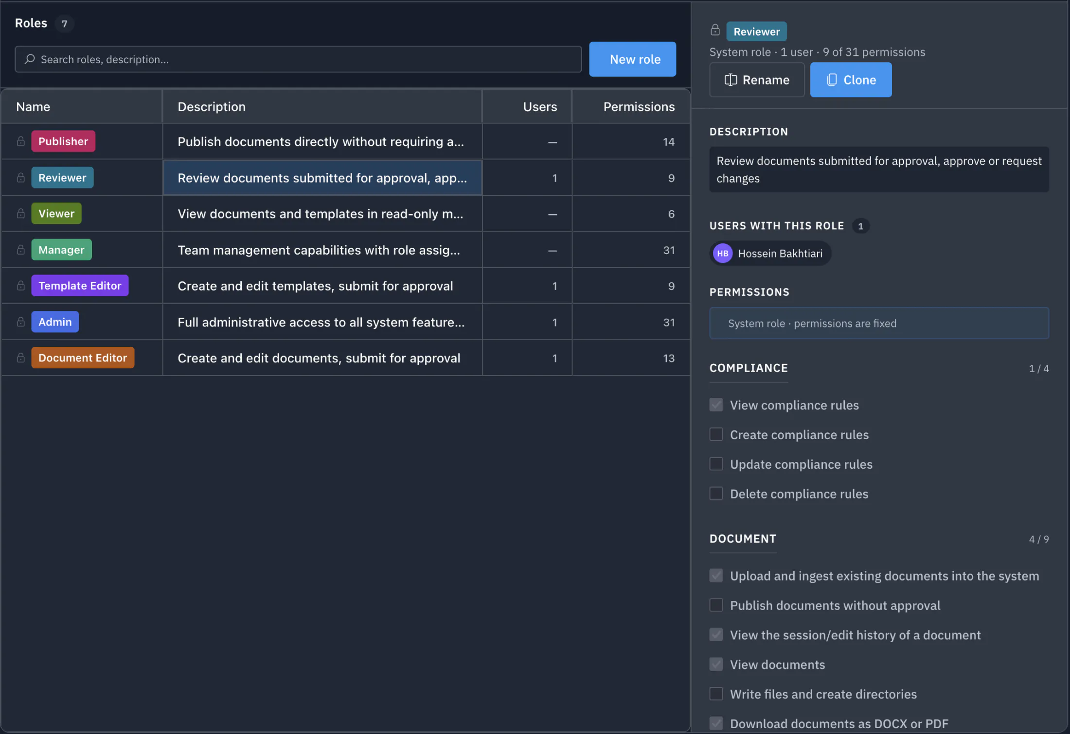 Juravie role management — colour-coded custom and system roles. The Reviewer system role is selected with its grouped permissions visible and a Clone button to start a custom role for paralegals, associates, partners, or contract attorneys.