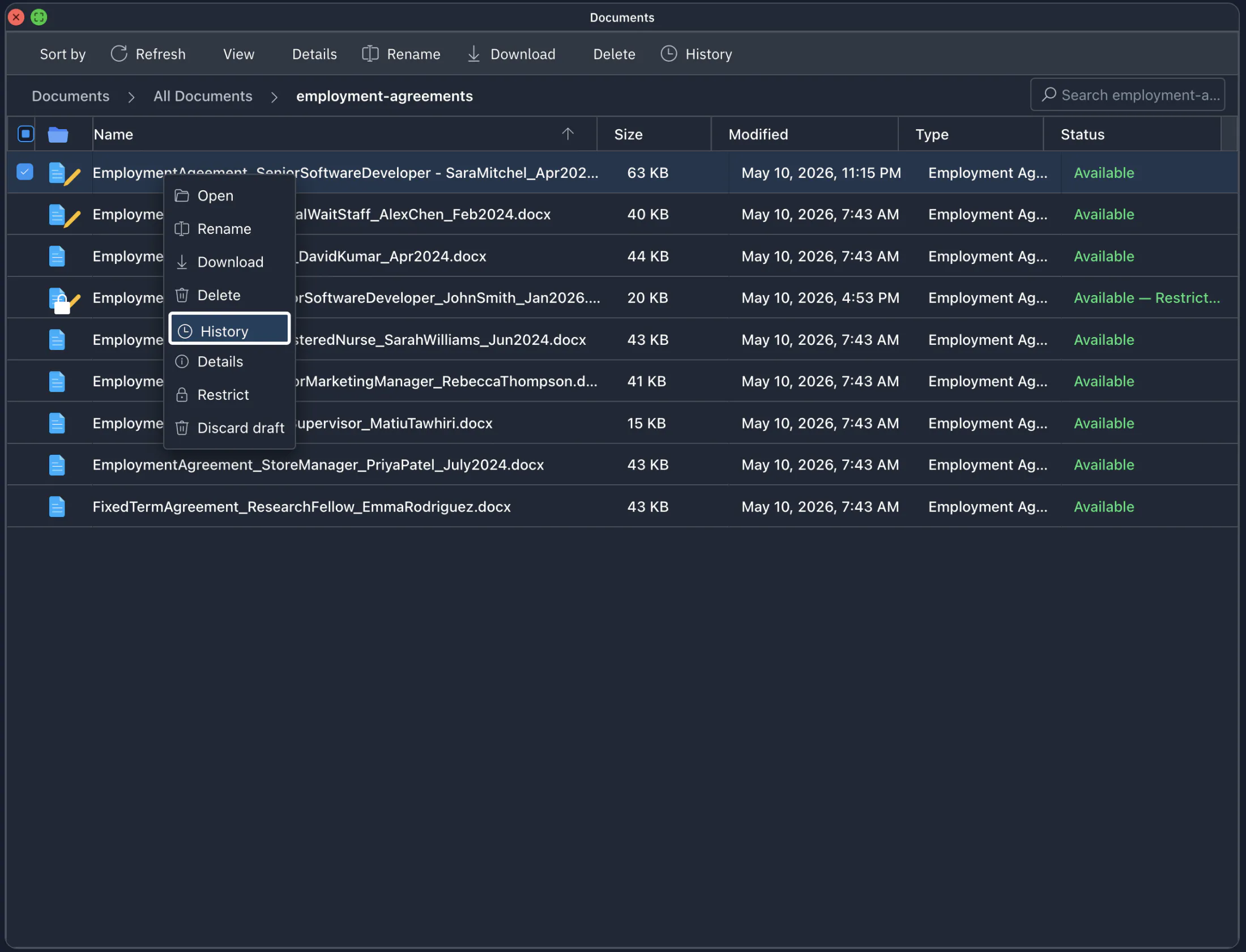Juravie file manager — right-click context menu open on a senior software developer employment agreement, with History highlighted in the menu. The menu also offers Open, Rename, Download, Delete, Details, Restrict, and Discard draft. The Status column shows most files as Available; one is marked 'Available — Restricted'.