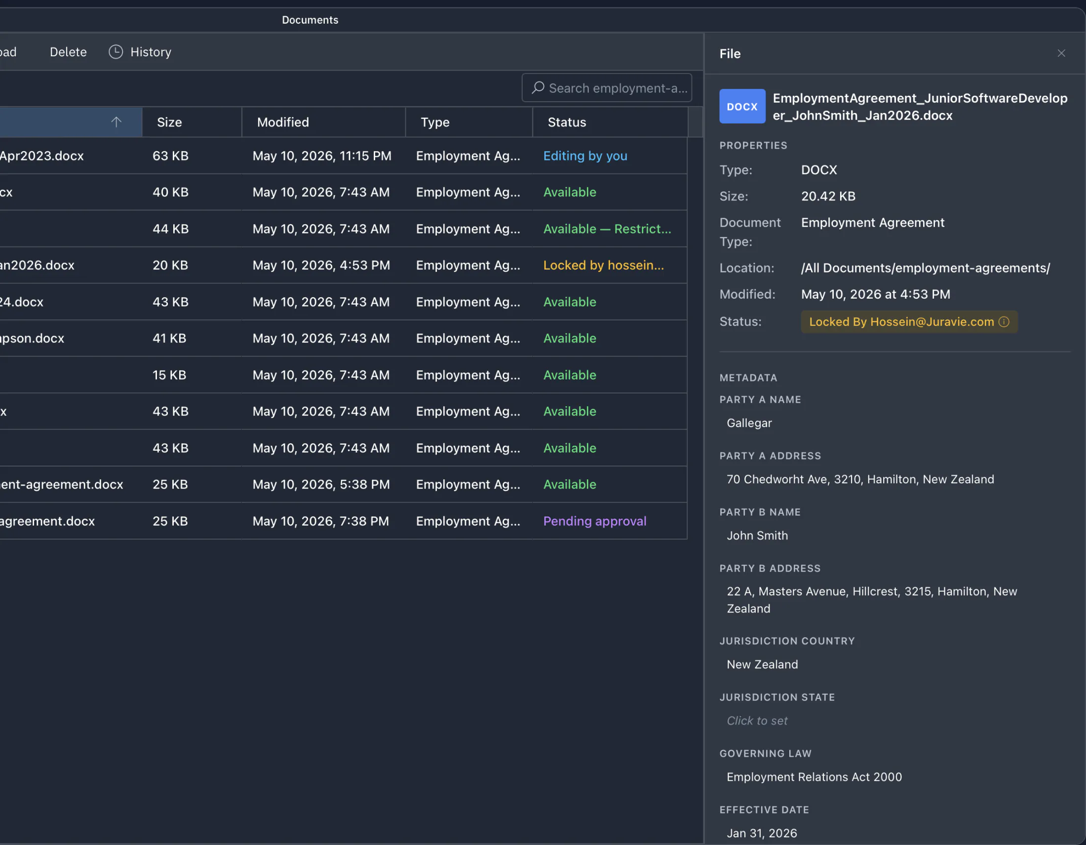 Close-up of the Juravie Details pane for an employment agreement — document type, status (Locked by Hossein), location, modified date, and recorded metadata (party A and B names, addresses, jurisdiction, governing law, effective date), all visible without opening the file