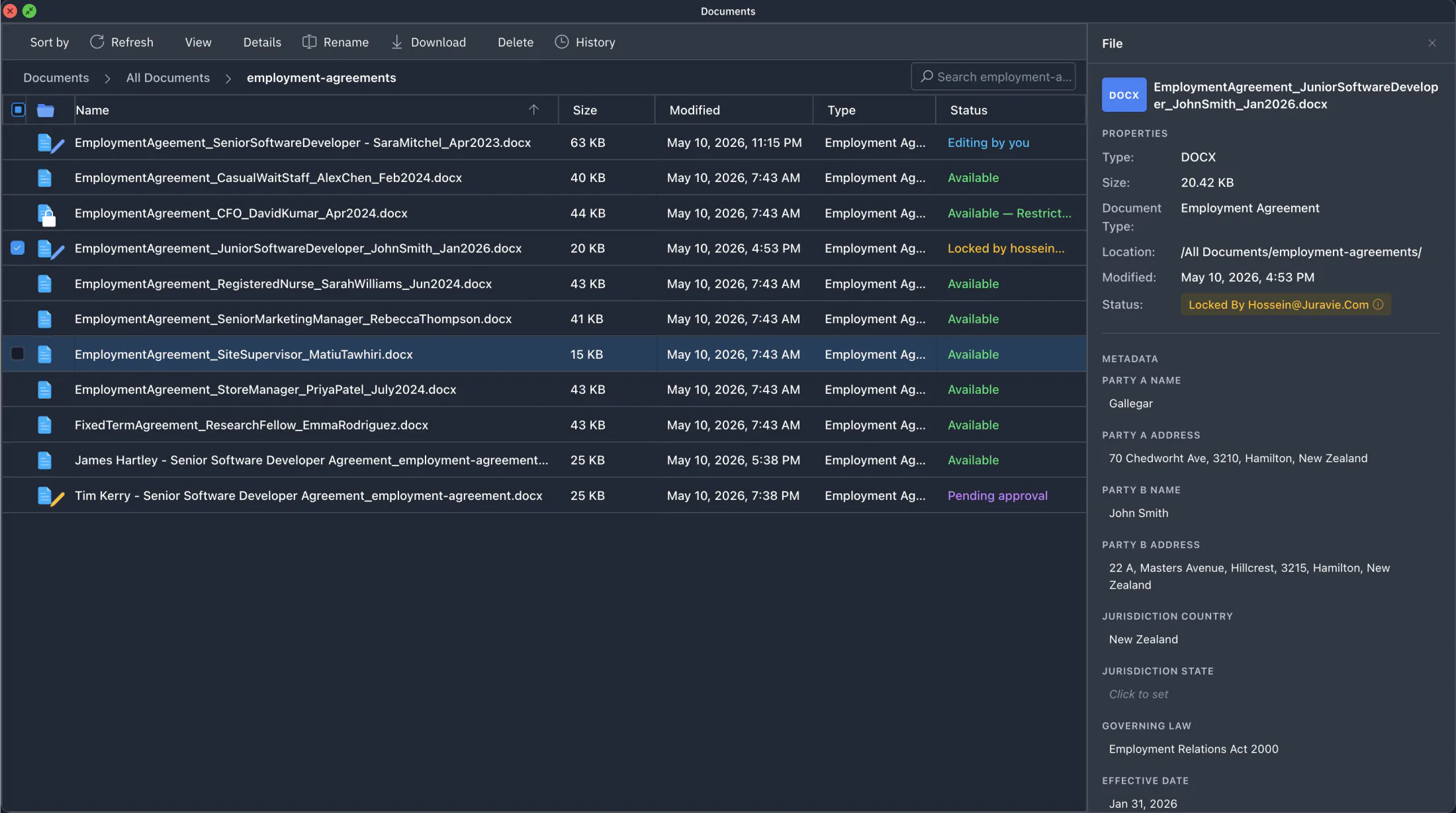 Juravie file manager — employment agreements folder with file status badges (locked, available, pending approval) and the Details pane displaying party names, jurisdiction, and governing law metadata.