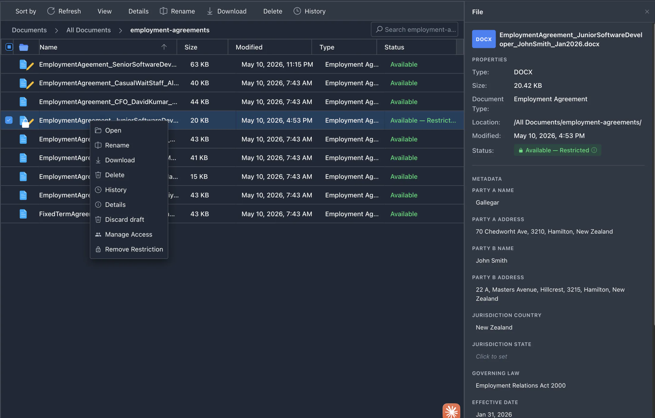 Juravie file manager — right-click context menu open on a restricted employment agreement, showing Manage Access and Remove Restriction options. The selected file is EmploymentAgreement_JuniorSoftwareDeveloper_JohnSmith_Jan2026.docx with status 'Available — Restricted'. The Details pane on the right surfaces the file's metadata: document type, parties (Gallegar and John Smith), addresses, jurisdiction (New Zealand), governing law (Employment Relations Act 2000), and effective date.