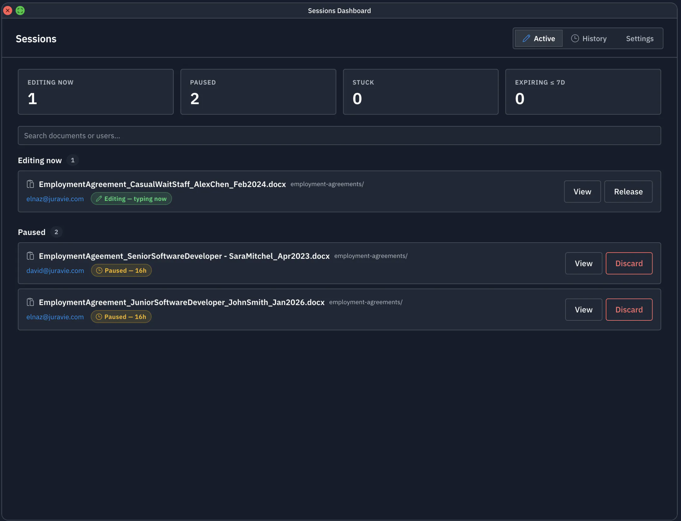 Juravie Sessions Dashboard — Active tab with four stat cards (Editing now, Paused, Stuck, Expiring within 7 days) and a list of in-flight document sessions grouped by status. One employment agreement is being edited right now; two are paused. Each row shows the filename, the user holding the draft, the status, and per-row actions to View, Release, or Discard the session.