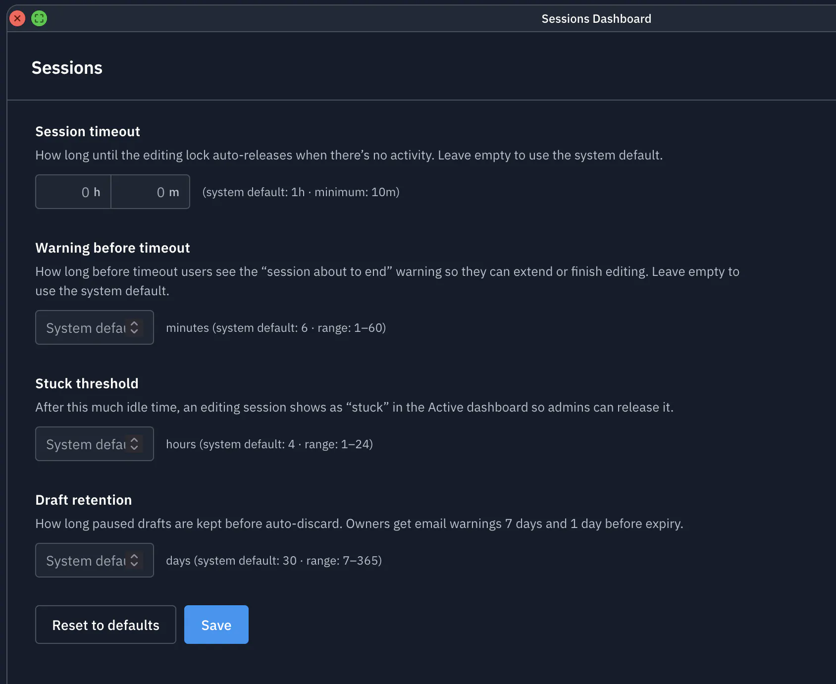 Juravie Sessions Dashboard — Settings tab with firm-wide policy controls: Session timeout (hours and minutes, system default 1 hour, minimum 10 minutes), Warning before timeout (default 6 minutes, range 1 to 60), Stuck threshold (default 4 hours, range 1 to 24) for surfacing idle sessions in the Active dashboard, and Draft retention (default 30 days, range 7 to 365) with email warnings 7 days and 1 day before paused drafts auto-discard. Reset to defaults and Save buttons at the bottom.